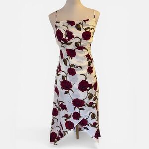 White Floral Midi Dress with Red Rose Print